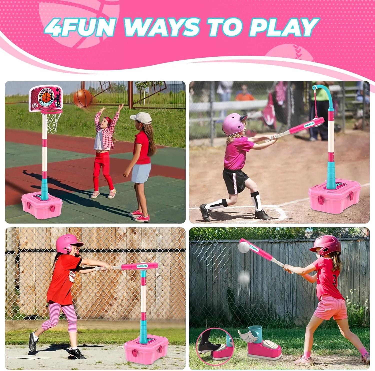 5 in 1 Toddler Basketball Hoop and T Ball Set, Height Adjustable Indoor Outdoor Portable Mini Hoop, Birthday & Christmas Sport Toys Gift for Boys & Girls, Pink