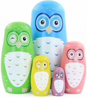 5 Pcs Cartoon Owl Pattern Wooden Russian Nesting Dolls Colorful Animal Matryoshka Dolls Wooden for Home Decoration Kids Stacking Dolls Toy Birthday