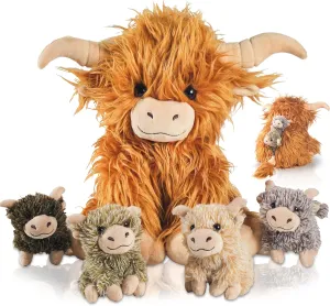5 Pcs Highland Cow Stuffed Animal, Fluffy Highland Cow Plush Toys with Babies Inside Realistic Mommy Scottish Highland Cattle with 4 Baby Calves for Boys Girls Easter Stuffers Birthday Party Favors