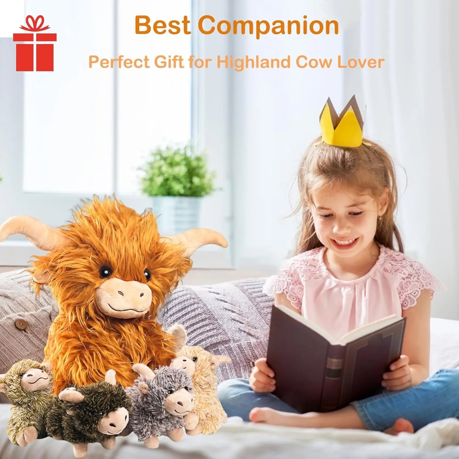5 Pcs Highland Cow Stuffed Animal, Fluffy Highland Cow Plush Toys with Babies Inside Realistic Mommy Scottish Highland Cattle with 4 Baby Calves for Boys Girls Easter Stuffers Birthday Party Favors