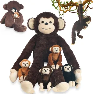5 PCS Monkey Stuffed Animal, Large Mommy Stuffed Monkey Toy with 4 Baby Monkeys in Zippered Pouch, Huggable Monkeys Plush for Kids Back to School Gift Forest Party Decor Christmas Birthday Gifts