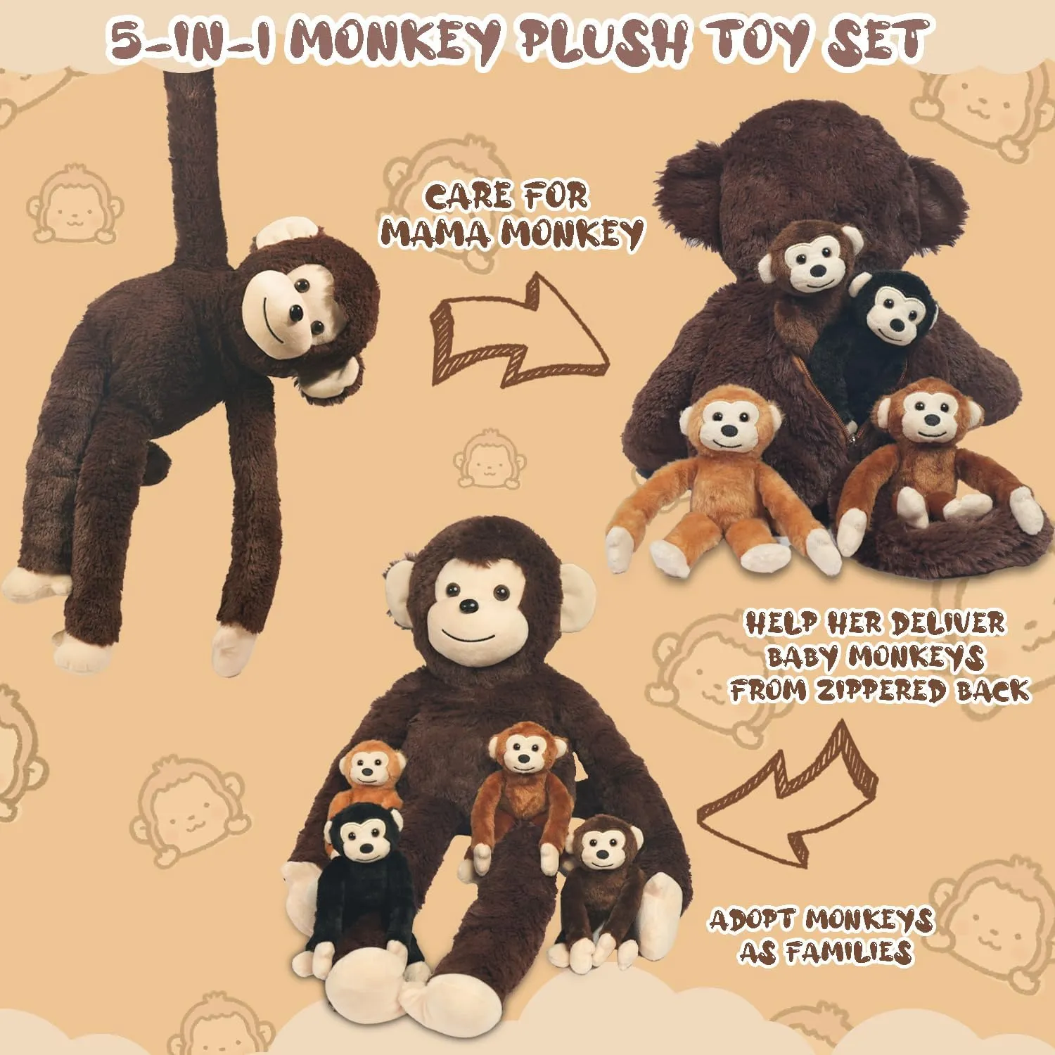 5 PCS Monkey Stuffed Animal, Large Mommy Stuffed Monkey Toy with 4 Baby Monkeys in Zippered Pouch, Huggable Monkeys Plush for Kids Back to School Gift Forest Party Decor Christmas Birthday Gifts