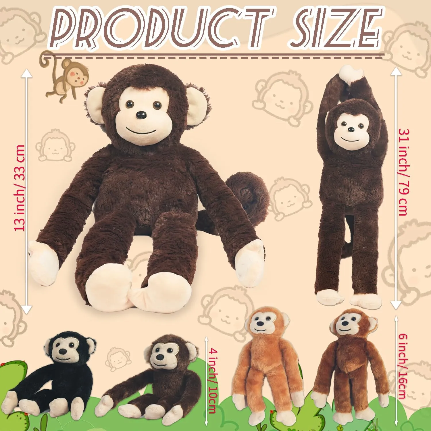 5 PCS Monkey Stuffed Animal, Large Mommy Stuffed Monkey Toy with 4 Baby Monkeys in Zippered Pouch, Huggable Monkeys Plush for Kids Back to School Gift Forest Party Decor Christmas Birthday Gifts