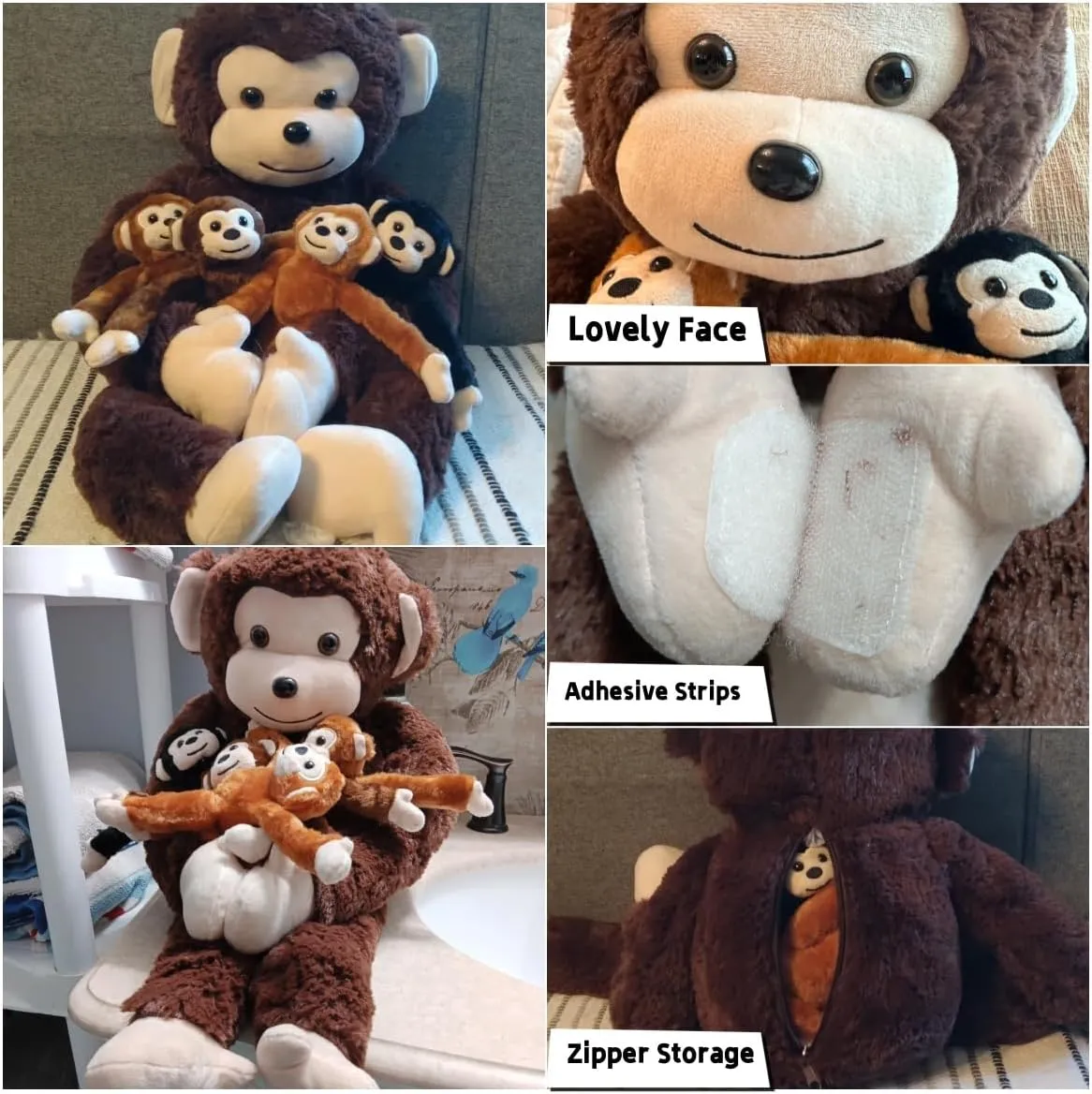 5 PCS Monkey Stuffed Animal, Large Mommy Stuffed Monkey Toy with 4 Baby Monkeys in Zippered Pouch, Huggable Monkeys Plush for Kids Back to School Gift Forest Party Decor Christmas Birthday Gifts