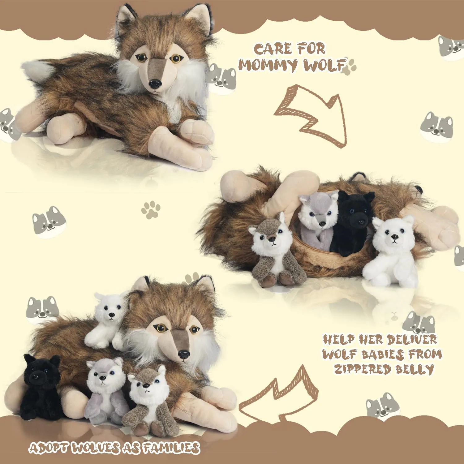 5 Pcs Wolf Stuffed Animal Plush Toy, 16 Inch Mommy Stuffed Wolf with 4 Baby Wolves in Her Zippered Pouch,Cute Nurturing Wolves Plushies for Kids Boys Girls Christmas Birthday Gifts Party Decoration