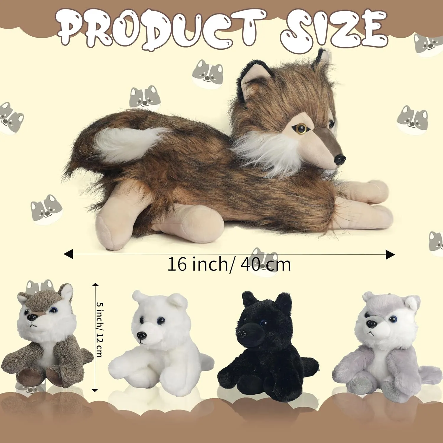 5 Pcs Wolf Stuffed Animal Plush Toy, 16 Inch Mommy Stuffed Wolf with 4 Baby Wolves in Her Zippered Pouch,Cute Nurturing Wolves Plushies for Kids Boys Girls Christmas Birthday Gifts Party Decoration