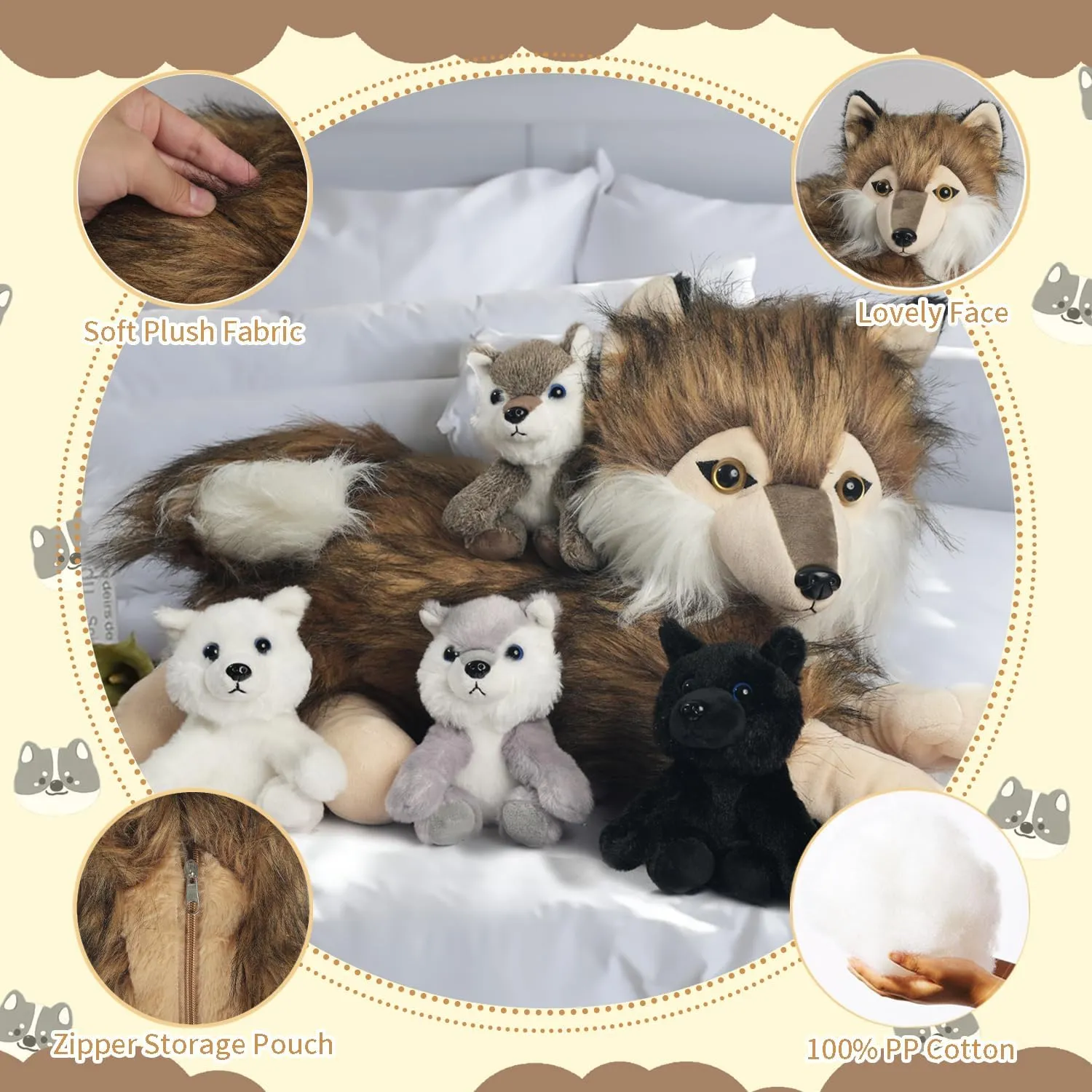5 Pcs Wolf Stuffed Animal Plush Toy, 16 Inch Mommy Stuffed Wolf with 4 Baby Wolves in Her Zippered Pouch,Cute Nurturing Wolves Plushies for Kids Boys Girls Christmas Birthday Gifts Party Decoration