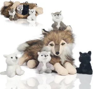 5 Pcs Wolf Stuffed Animal Plush Toy, 16 Inch Mommy Stuffed Wolf with 4 Baby Wolves in Her Zippered Pouch,Cute Nurturing Wolves Plushies for Kids Boys Girls Christmas Birthday Gifts Party Decoration