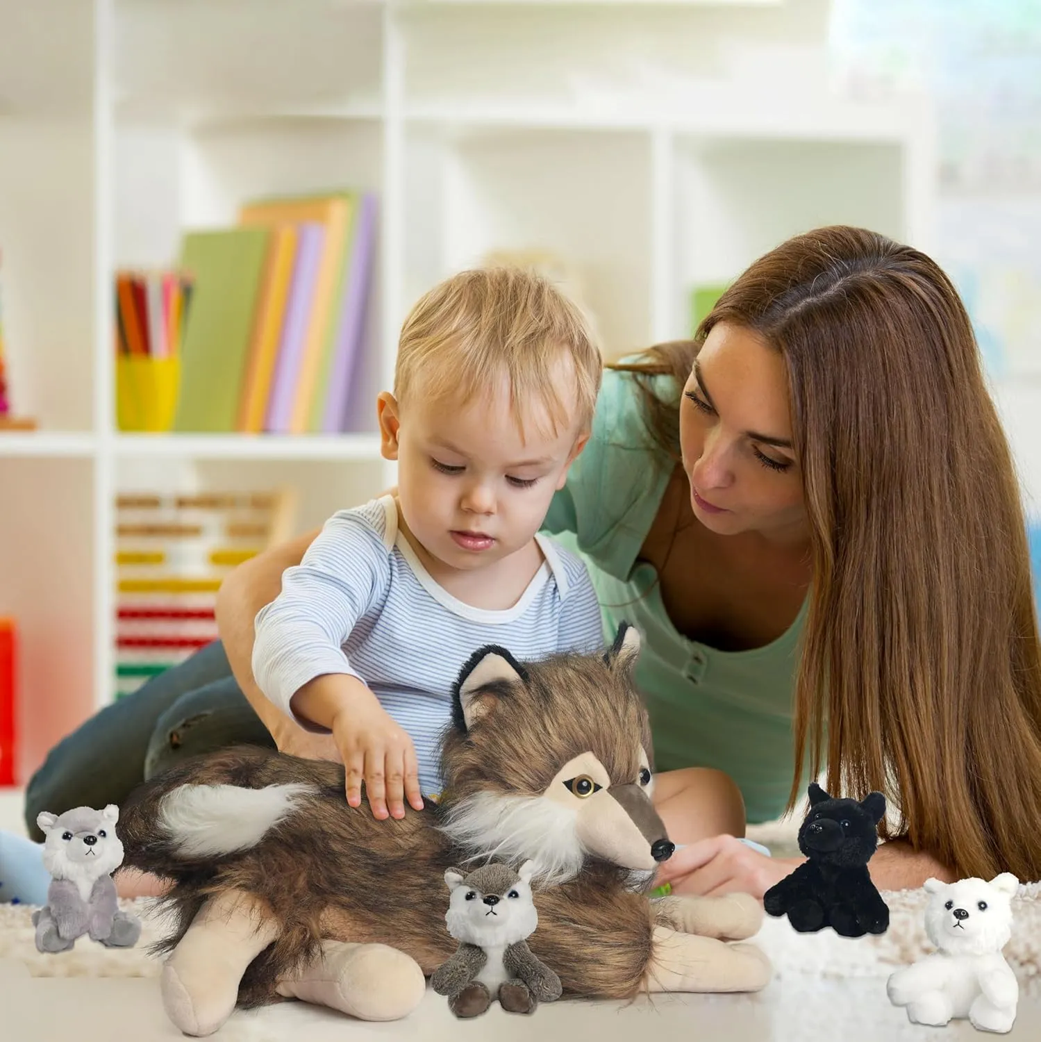 5 Pcs Wolf Stuffed Animal Plush Toy, 16 Inch Mommy Stuffed Wolf with 4 Baby Wolves in Her Zippered Pouch,Cute Nurturing Wolves Plushies for Kids Boys Girls Christmas Birthday Gifts Party Decoration