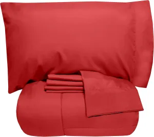 5 Piece Full Comforter Set All Season Soft Down Alternative Blanket & Luxurious Cotton Fits Mattress Up to 18" Deep Pocket Bed 4 Piece Sheet Set Red