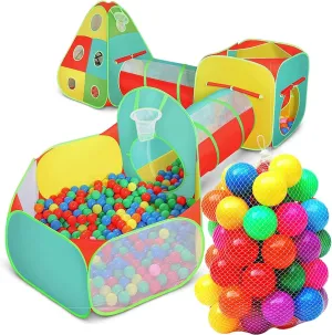 5-Piece Kids Play Tent Set with 100 Ball Pit Balls | Crawl Tunnel, Teepee, Ball Pit & Basketball Hoop Playhouse for Toddlers & Kids