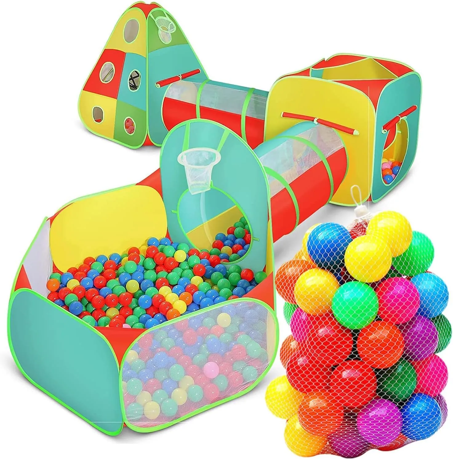 5-Piece Kids Play Tent Set with 100 Ball Pit Balls | Crawl Tunnel, Teepee, Ball Pit & Basketball Hoop Playhouse for Toddlers & Kids