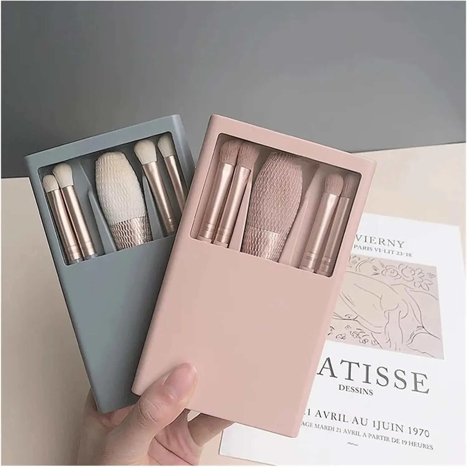 5 Piece Morandi Travel Portable Mini Makeup Brush Set with Mirror Multi-Functional Powder Brush Foundation Beauty Brush kit(Yellow)