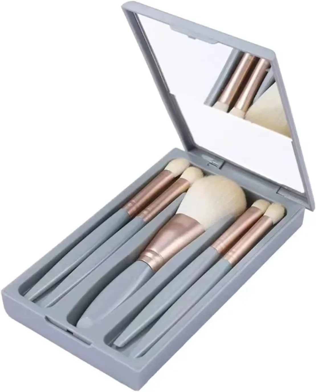 5 Piece Morandi Travel Portable Mini Makeup Brush Set with Mirror Multi-Functional Powder Brush Foundation Beauty Brush kit(Yellow)