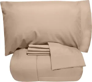 5 Piece Twin Comforter Set All Season Soft Down Alternative Blanket & Luxurious Cotton Fits Mattress Up to 18" Deep Pocket Bed 4 Piece Sheet Set Taupe