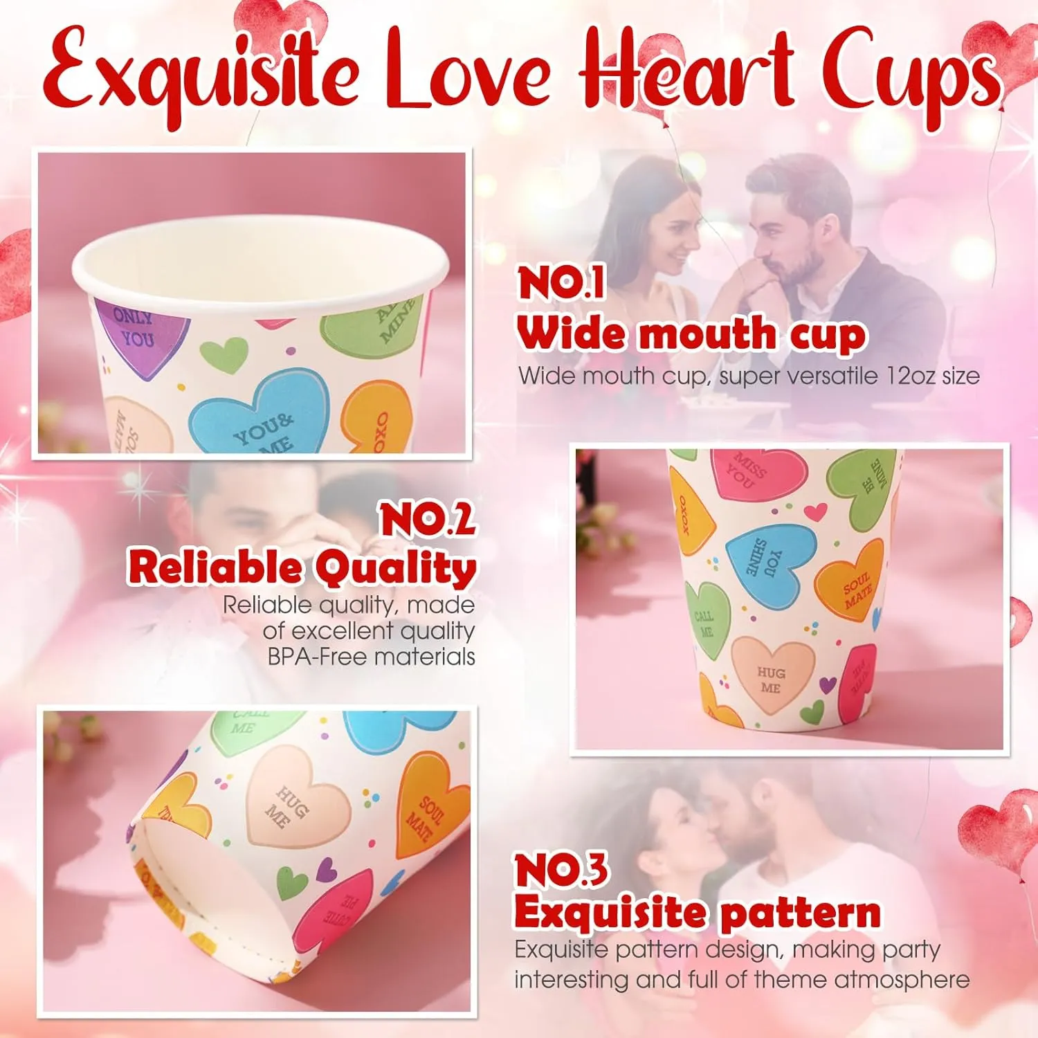 50 Pcs Valentine‘s Day Paper Cups 12 oz Conversation Heart Paper Cups Disposable Valentines Cups Hot Chocolate Coffee Tea Drinking Cups for Anniversary Wedding Party Supplies(Colorful,Fresh)