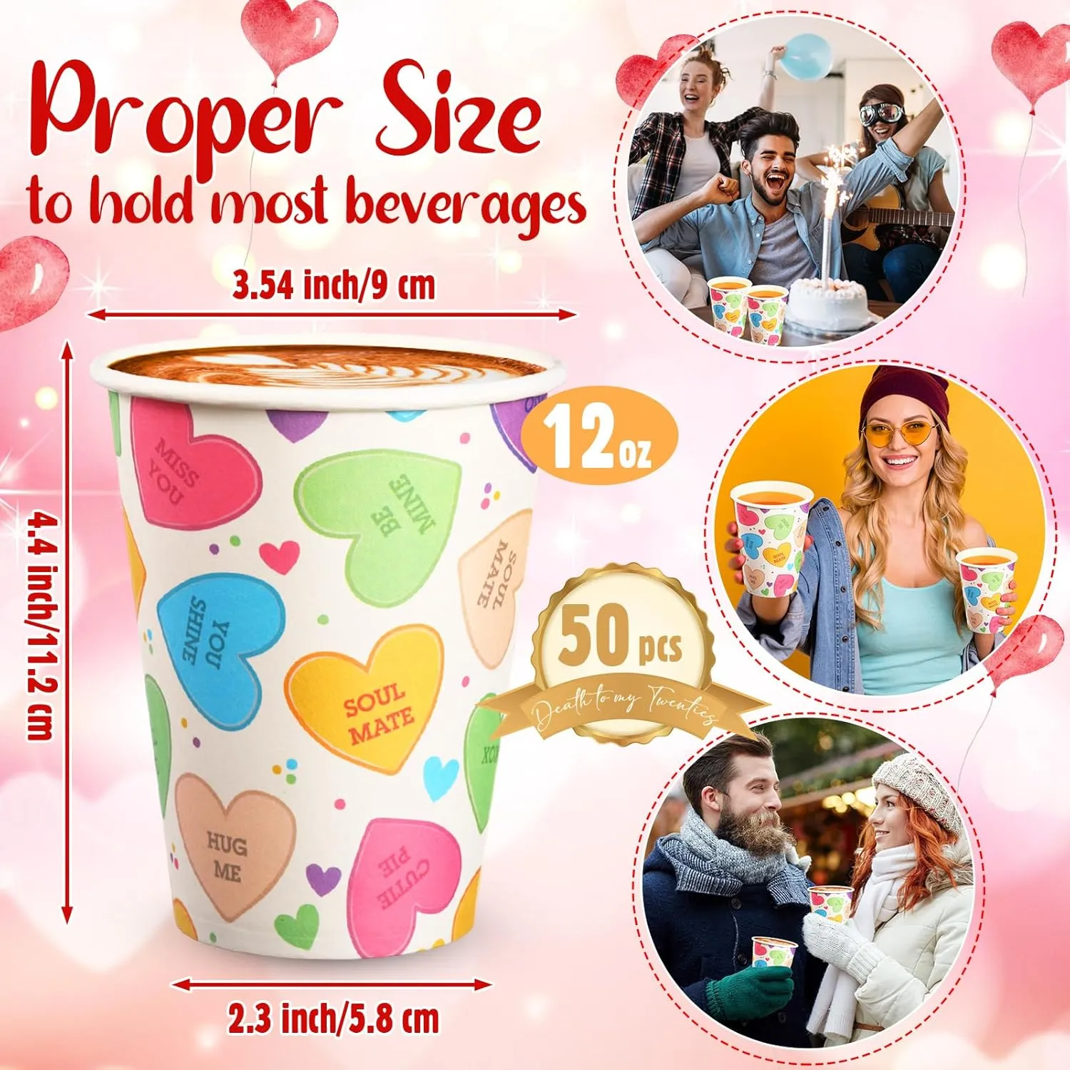 50 Pcs Valentine‘s Day Paper Cups 12 oz Conversation Heart Paper Cups Disposable Valentines Cups Hot Chocolate Coffee Tea Drinking Cups for Anniversary Wedding Party Supplies(Colorful,Fresh)