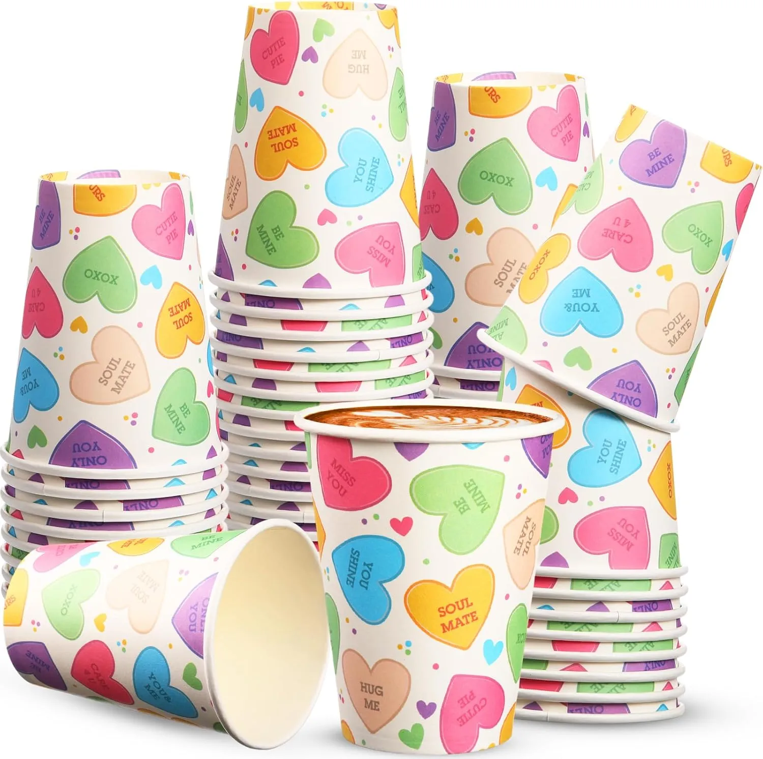 50 Pcs Valentine‘s Day Paper Cups 12 oz Conversation Heart Paper Cups Disposable Valentines Cups Hot Chocolate Coffee Tea Drinking Cups for Anniversary Wedding Party Supplies(Colorful,Fresh)