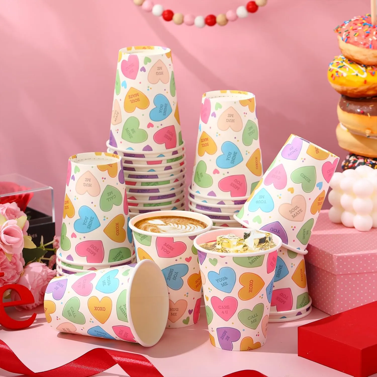 50 Pcs Valentine‘s Day Paper Cups 12 oz Conversation Heart Paper Cups Disposable Valentines Cups Hot Chocolate Coffee Tea Drinking Cups for Anniversary Wedding Party Supplies(Colorful,Fresh)