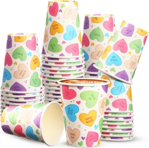 50 Pcs Valentine‘s Day Paper Cups 12 oz Conversation Heart Paper Cups Disposable Valentines Cups Hot Chocolate Coffee Tea Drinking Cups for Anniversary Wedding Party Supplies(Colorful,Fresh)