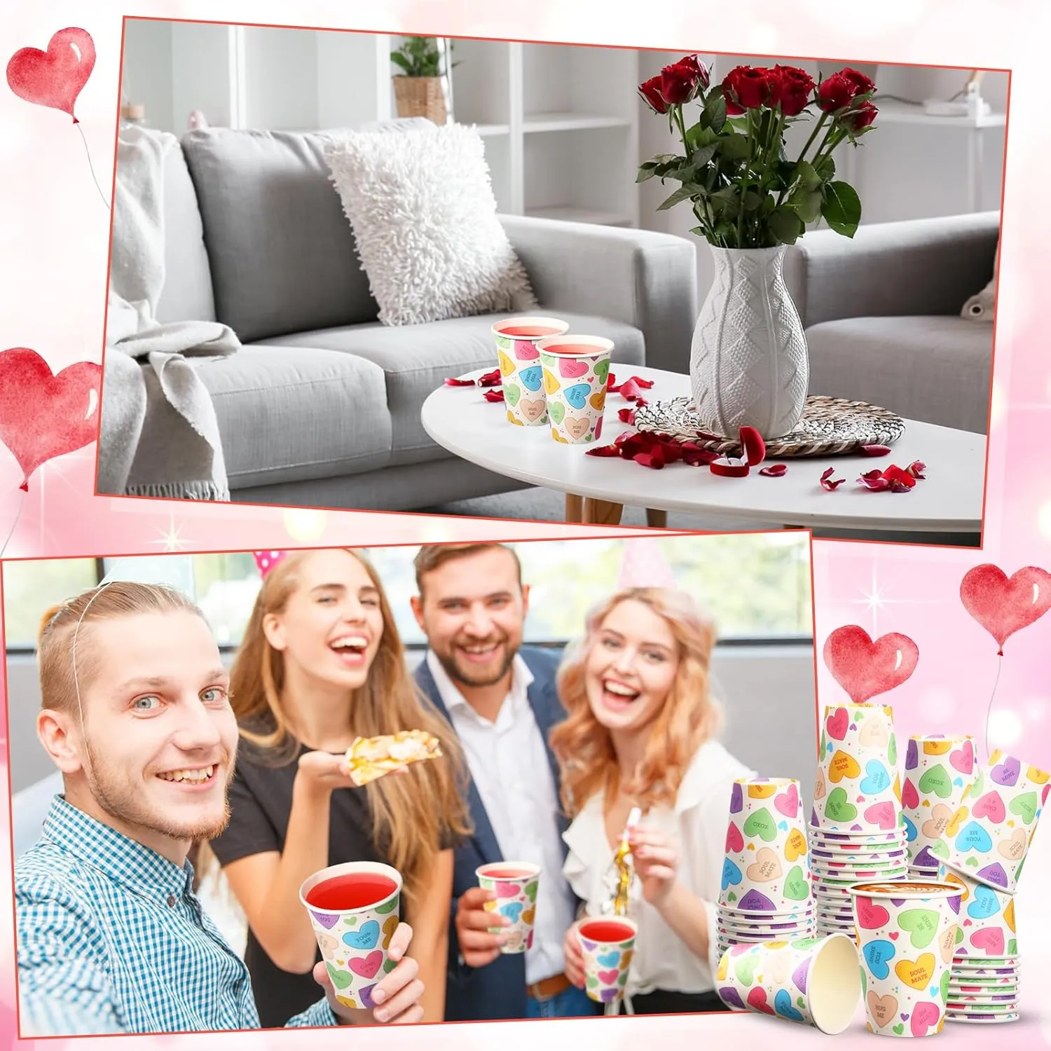 50 Pcs Valentine‘s Day Paper Cups 12 oz Conversation Heart Paper Cups Disposable Valentines Cups Hot Chocolate Coffee Tea Drinking Cups for Anniversary Wedding Party Supplies(Colorful,Fresh)