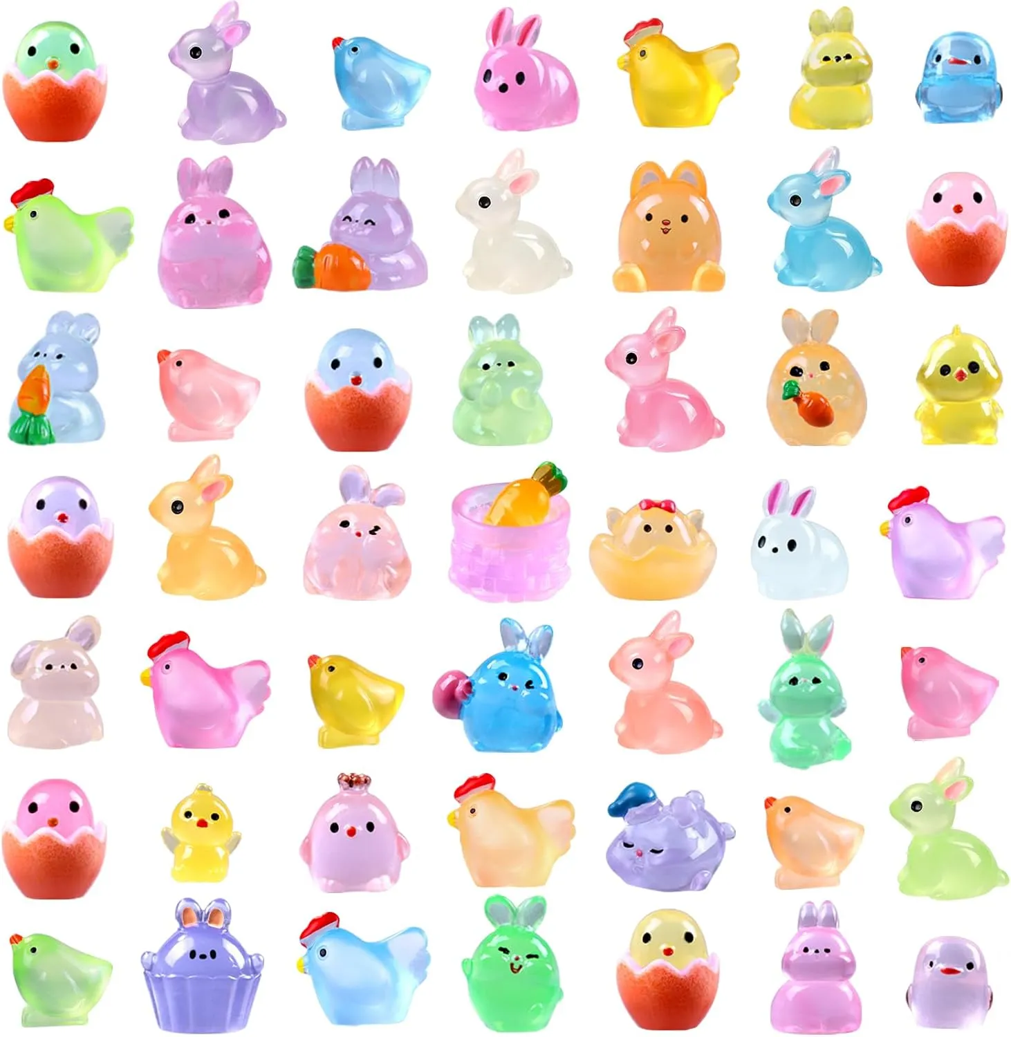 50pcs Easter Luminous Mini Resin Figures, Little Small Easter Glow in The Dark Bunny Miniature Rabbit Chick Figurines for Dollhouse Micro Garden Landscape Decoration Egg Fillers Party Favors