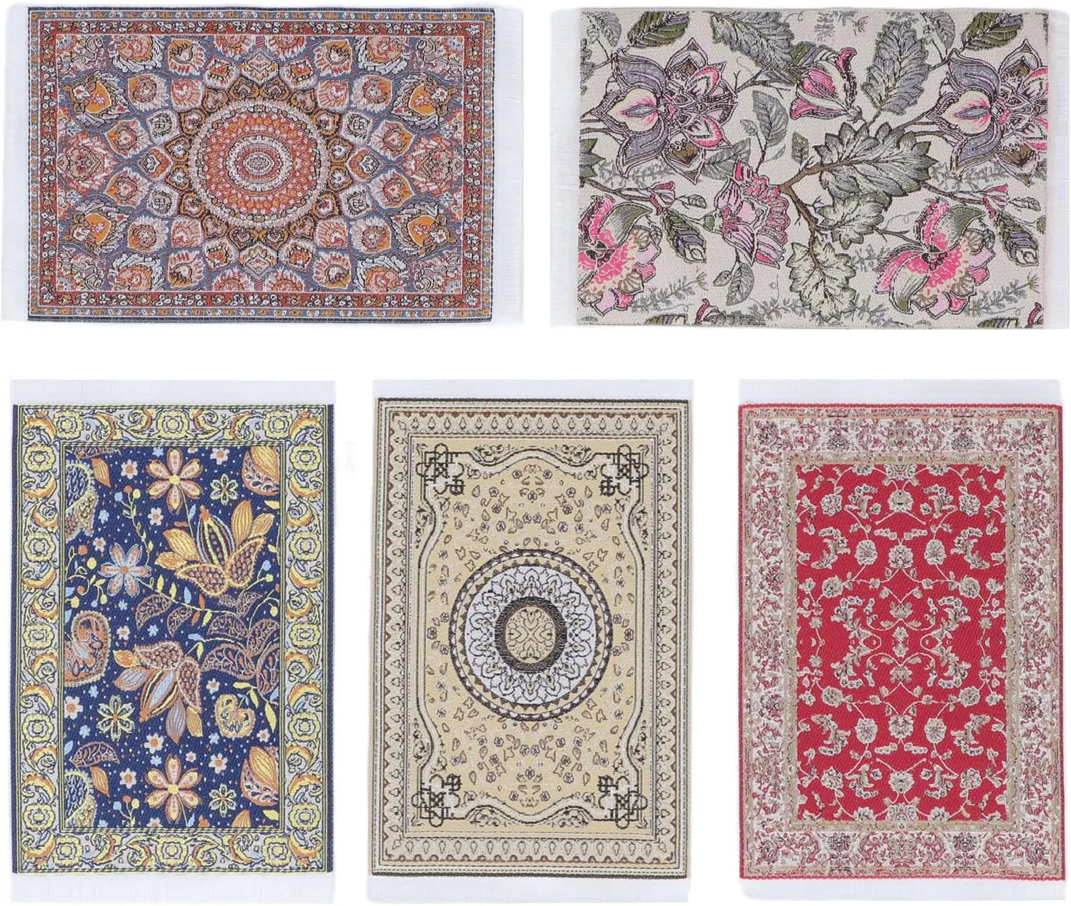 5PCS Dollhouse Rug, 1/12 Floral Print Exquisite Easy to Clean Soft Miniature Floor Blanket Miniature Carpet for Doll House Accessory Dollhouse Rug