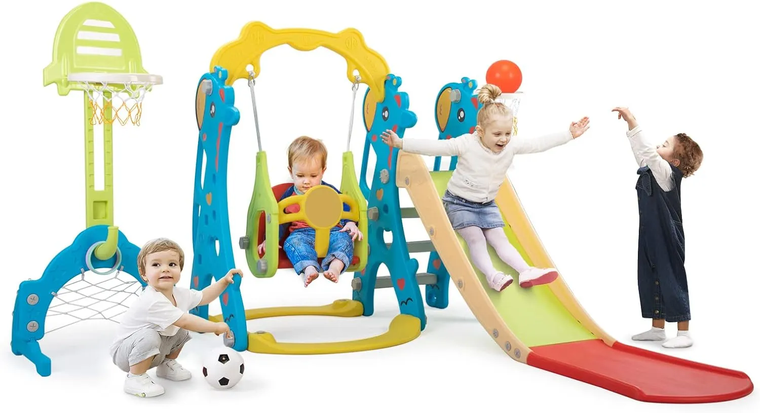6 in 1 Toddler Slide and Swing Playset Indoor Outdoor Freestanding Playground Kids Slide Climber Swing Set with Basketball Hoop for Kids Age 3-12, Backyards Slide for Baby