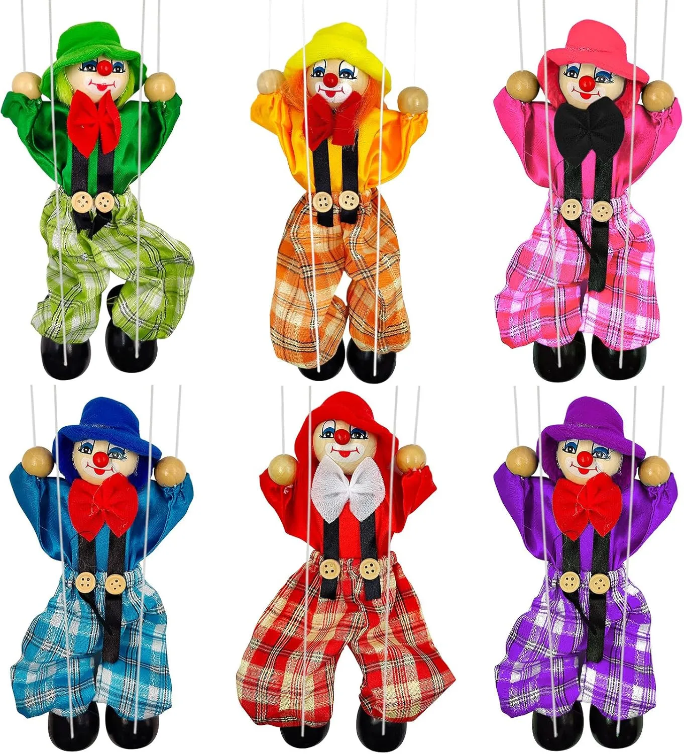 6 Pack Wooden Marionette Puppets Clown Pull String Puppets Movable Hands and Feet for Family Men Women Pretend Play Puppetry Party