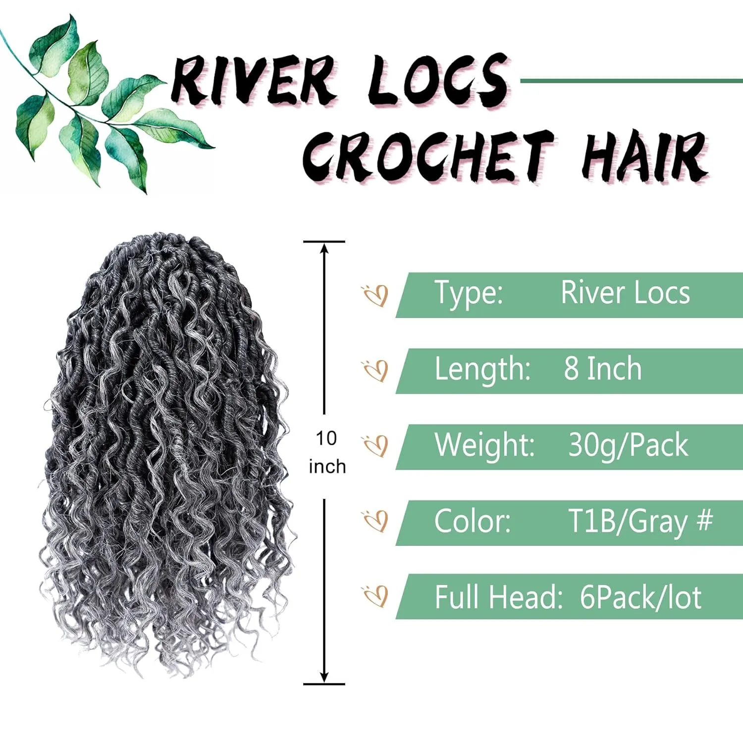6 Packs Goddess Locs Crochet Hair 8 Inch Grey Crochet Hair for Women Pre Looped Faux River Locs Crochet Braids with Curly Hair Bohemian Hippie Locs Synthetic Hair Extensions(1B/Grey)