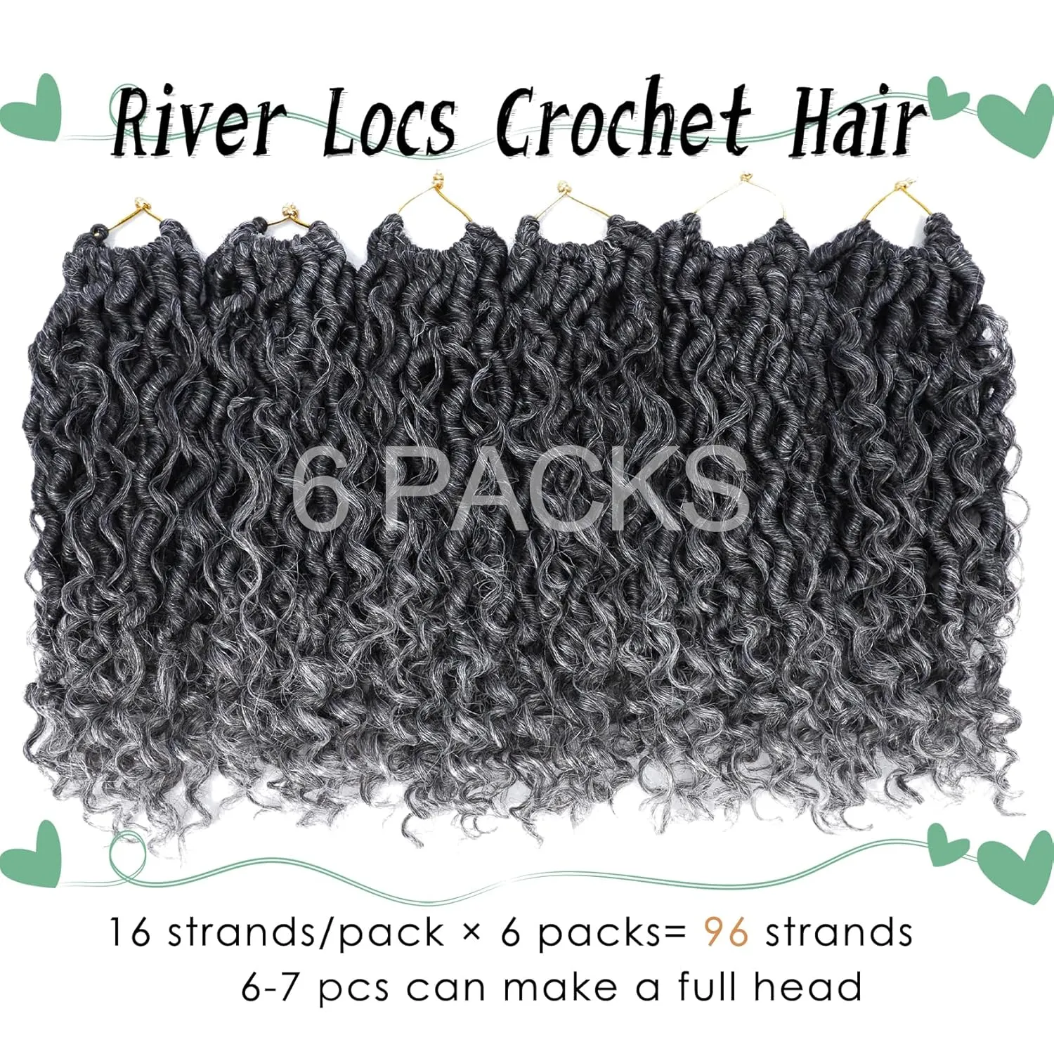 6 Packs Goddess Locs Crochet Hair 8 Inch Grey Crochet Hair for Women Pre Looped Faux River Locs Crochet Braids with Curly Hair Bohemian Hippie Locs Synthetic Hair Extensions(1B/Grey)