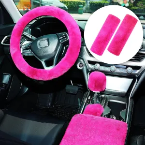 6 Pieces Fluffy Steering Wheel Covers Set for Women, Fur for Car Accessories, Fuzzy Gear Shift Cover Handbrake Center Console Seat Belt Shoulder Pads Cover Decoration (Rose Red, Short Hair)