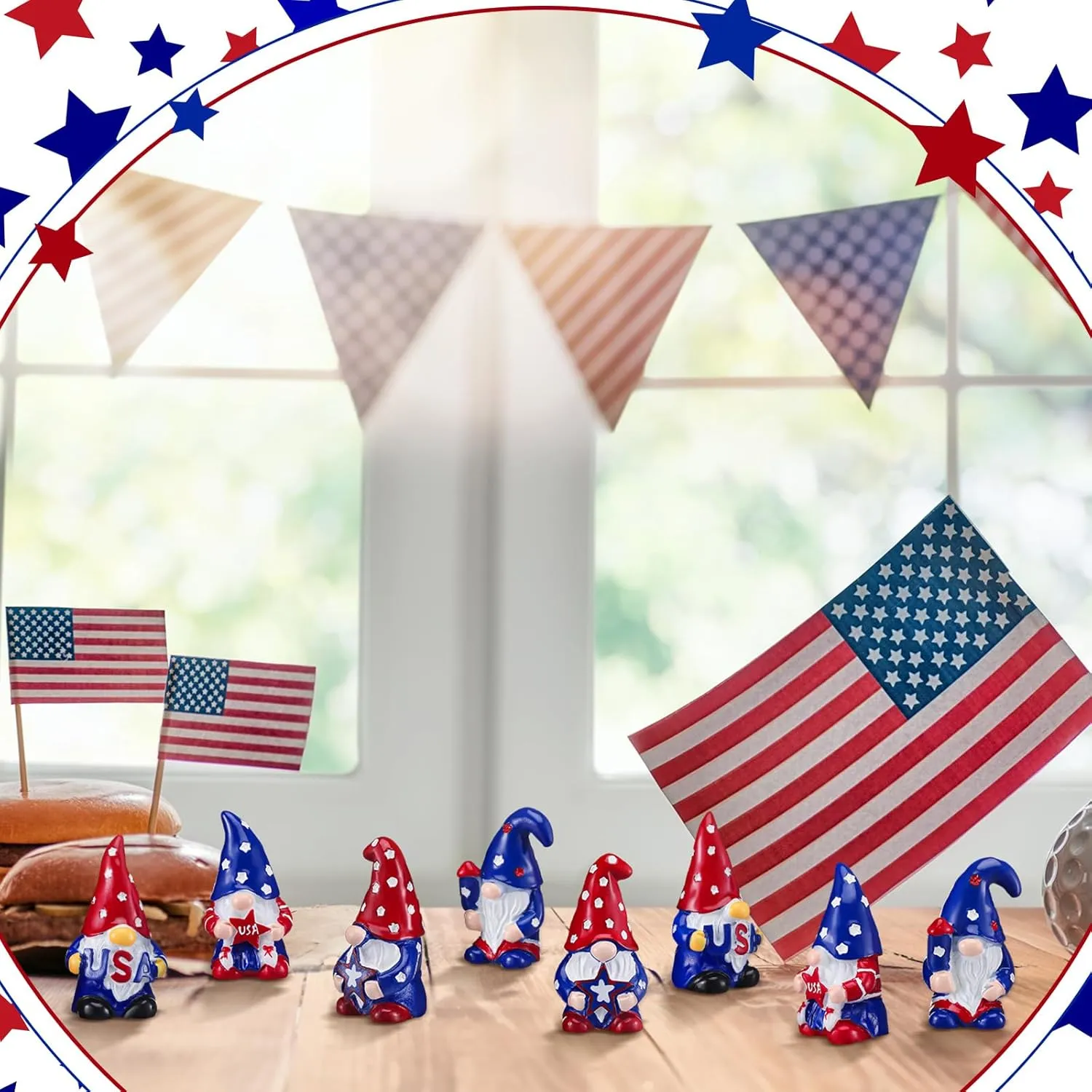 60 Pcs 4th of July Gnomes Decor Patriotic Decorations 2 Inch USA Stars Elf Gifts Red White and Blue Stripes Mini Gnome for Dollhouse Independence Day Tiered Tray Decorations