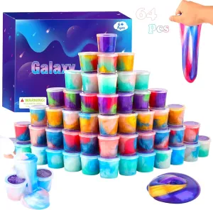 64 Pack Mini Galaxy Slime Kit Party Favors, Stretchy, Stress Relief, and Safe for Girls and Boys Classroom Reward, Valentine's Day Party Supplies,End of Year Student Gifts,Halloween Galaxy Slime Bulk