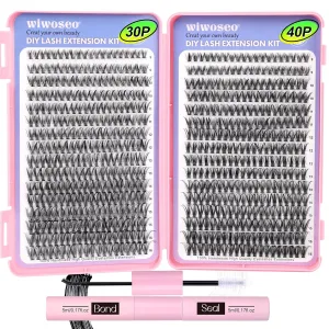 640Pcs Lash Extension Kit, DIY Eyelash Extension Kit Cluster Curl Individual Lashes with Lash Bond and Seal, Tweezers DIY Eyelash Extension Kit for Self Application At Home(30p 40p 8-15MM)