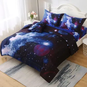 6Pcs Galaxy Comforter Set with Sheets for Kids Boys Girls Teens, Outer Space Themed Bed in a Bag Queen Size, Dark Blue 3D Printed Bedroom Decor Bedding Set