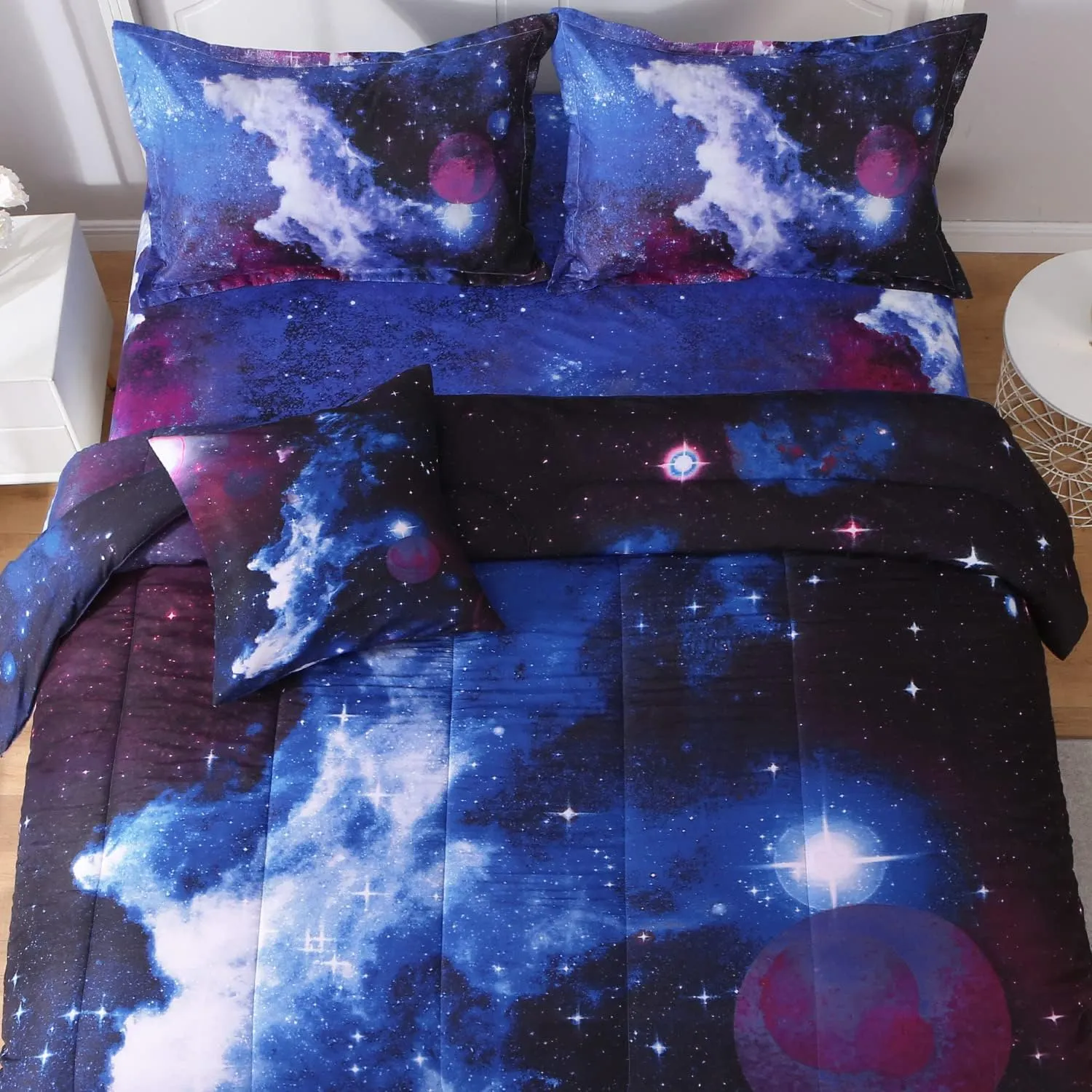 6Pcs Galaxy Comforter Set with Sheets for Kids Boys Girls Teens, Outer Space Themed Bed in a Bag Queen Size, Dark Blue 3D Printed Bedroom Decor Bedding Set