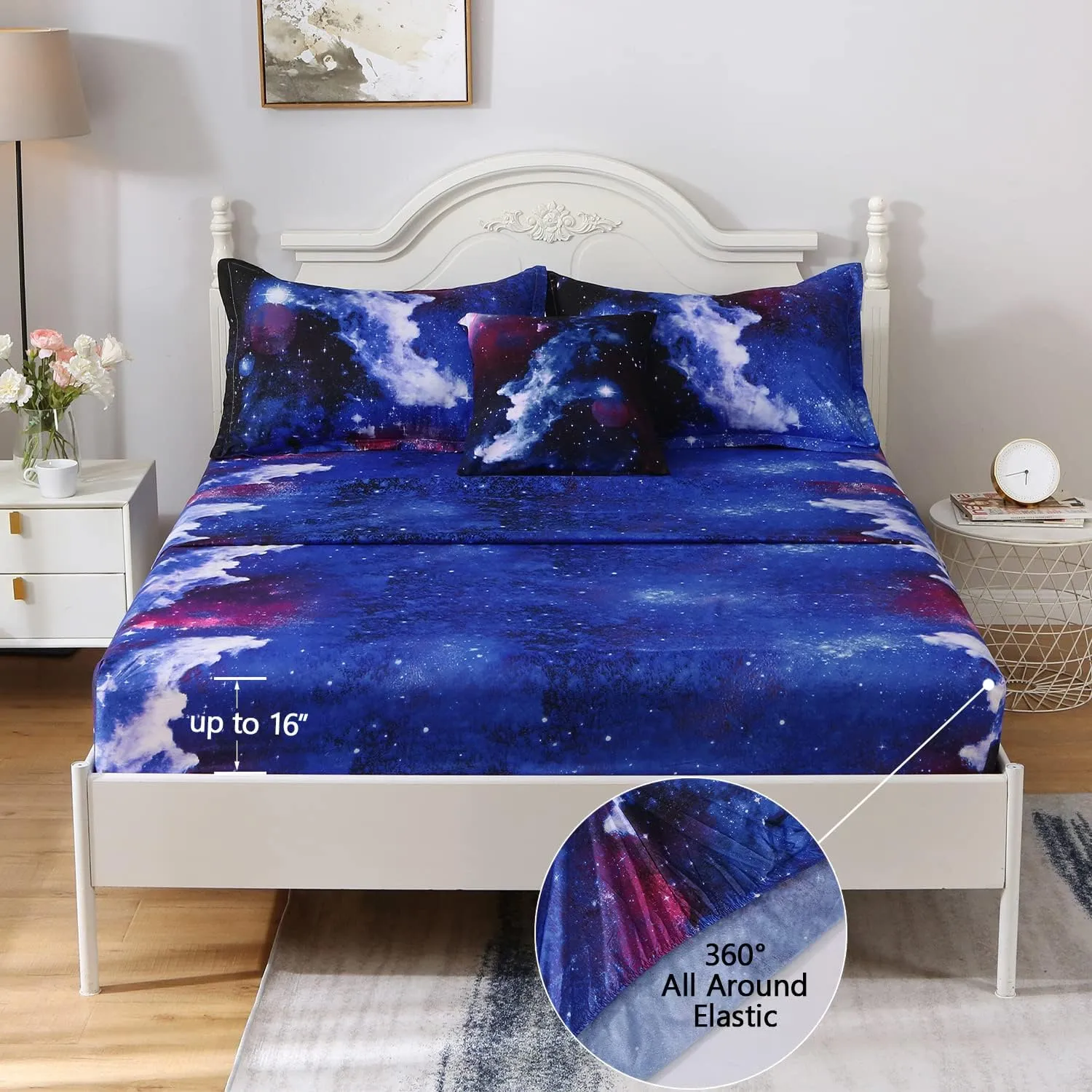 6Pcs Galaxy Comforter Set with Sheets for Kids Boys Girls Teens, Outer Space Themed Bed in a Bag Queen Size, Dark Blue 3D Printed Bedroom Decor Bedding Set