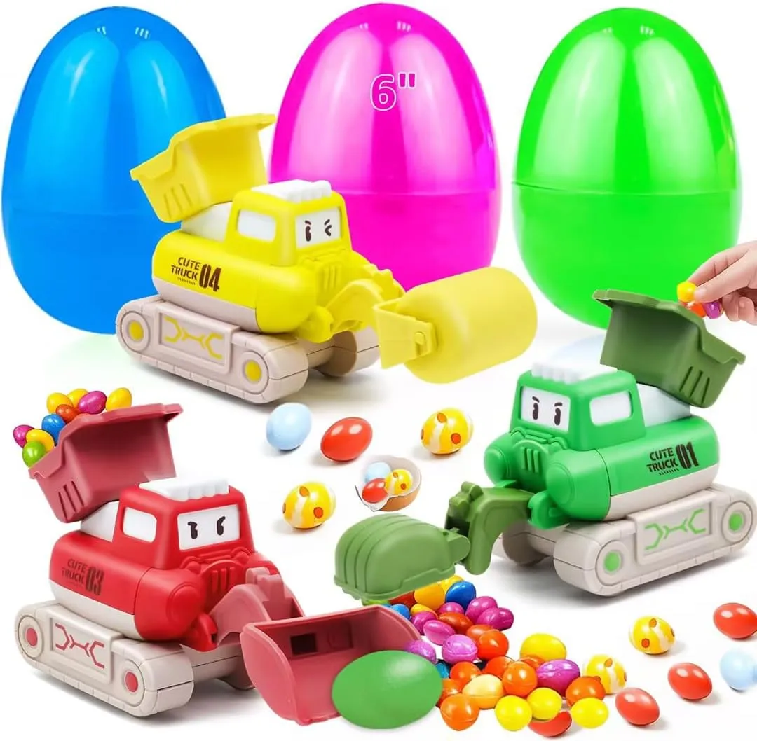6" Jumbo 3 Pack Easter Eggs Filled with Hauler Trucks for Candy Eggs, 3 Large Easter Eggs   3 Press & Go Construction Vehicles for Toddlers Boys Kids Egg Hunt Game Basket Stuffers Essential Toys Gift
