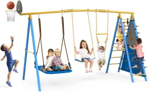 7 in 1 Backyard Swing Set 660lbs - Kid Outdoor Playground with Trapeze Bar, Platform Swing, Belt Swing, Climbing Rope & Ladder, Basketball Hoop, Soccer Goal for 3-8 Years Old