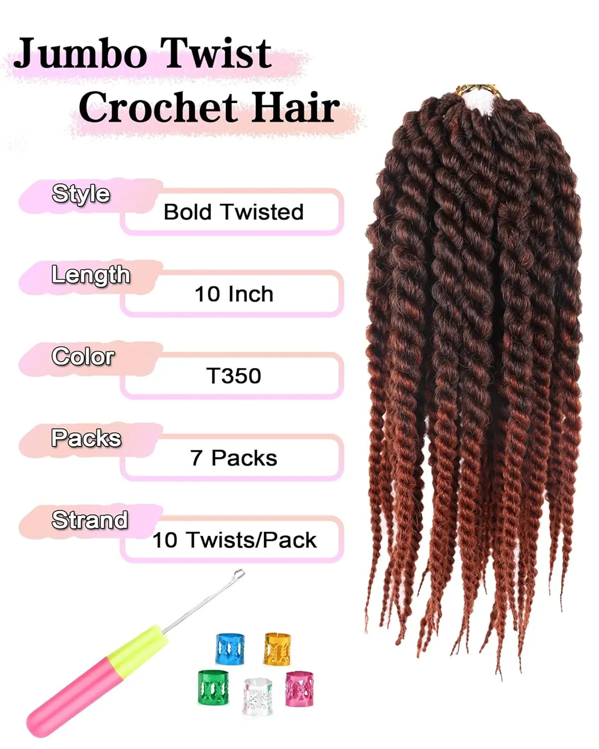 7 Packs Senegalese Twist Crochet Hair Ginger 10 Inch Jumbo Twist Crochet Hair Crochet Havana Twist Crochet Braids for Women Short Kinky Twist Braiding Hair(10 Inch,T350-Black to Ginger)
