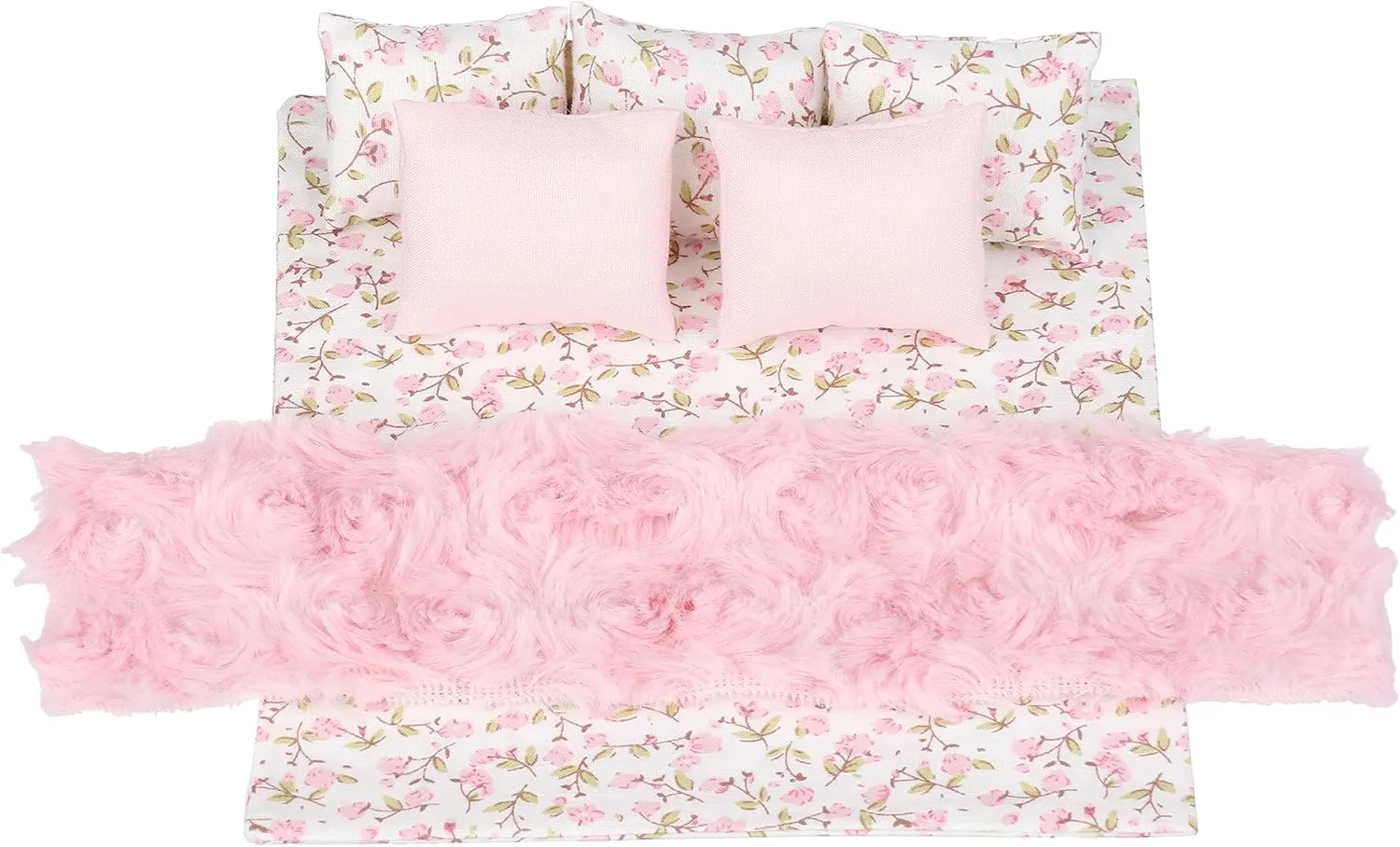7 Piece Dollhouse Bedding Set, Comforter Blanket, Pillows and Bed Runner, 1/12 Scale Dolls Bed Linen (Pink Set)