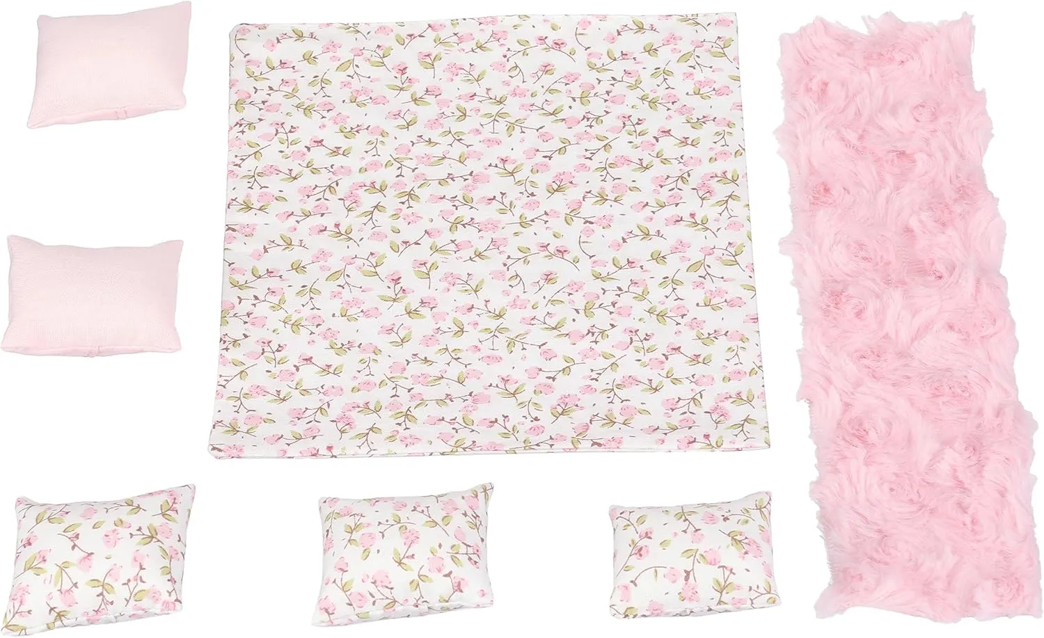 7 Piece Dollhouse Bedding Set, Comforter Blanket, Pillows and Bed Runner, 1/12 Scale Dolls Bed Linen (Pink Set)