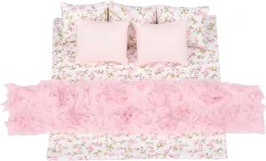7 Piece Dollhouse Bedding Set, Comforter Blanket, Pillows and Bed Runner, 1/12 Scale Dolls Bed Linen (Pink Set)
