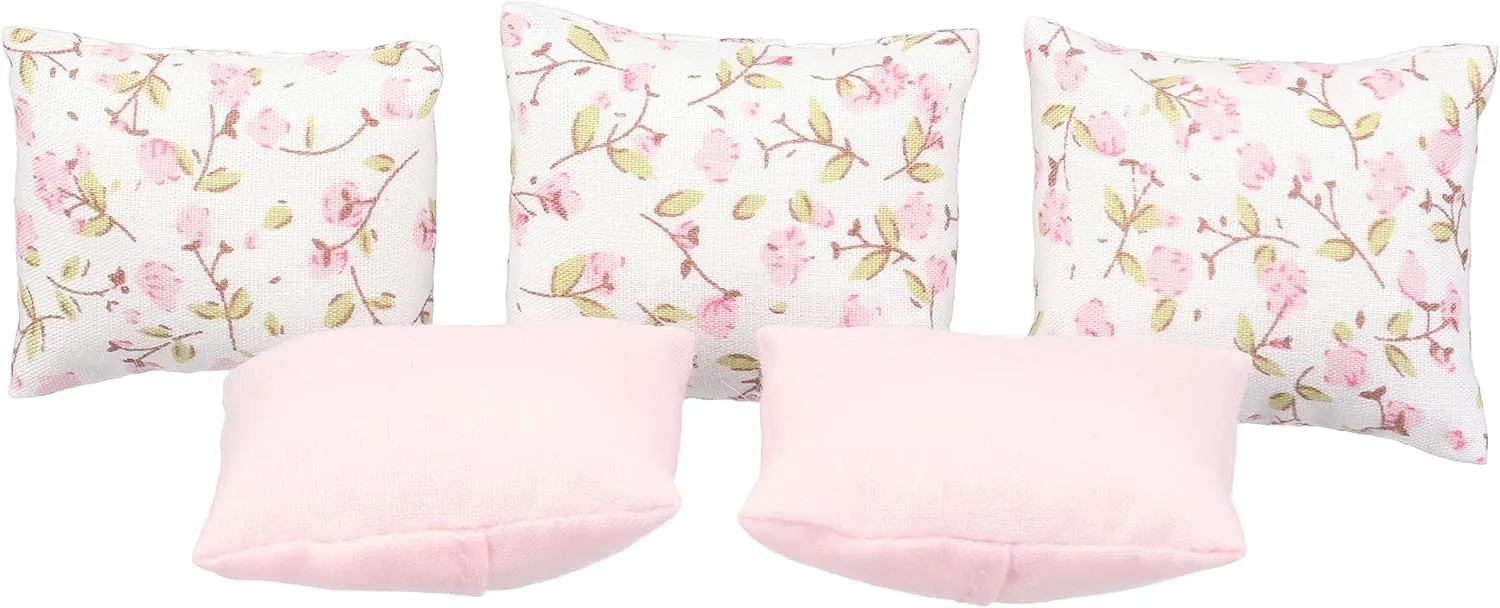 7 Piece Dollhouse Bedding Set, Comforter Blanket, Pillows and Bed Runner, 1/12 Scale Dolls Bed Linen (Pink Set)