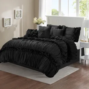 7 Pieces Elegant French Country Bed in a Bag, Black Handmade Bow Tie Fluffy Bed Comforter with Down Alternative Filling, Vintage Ruched Bed Sets for Bedroom, Queen (LQ-33)