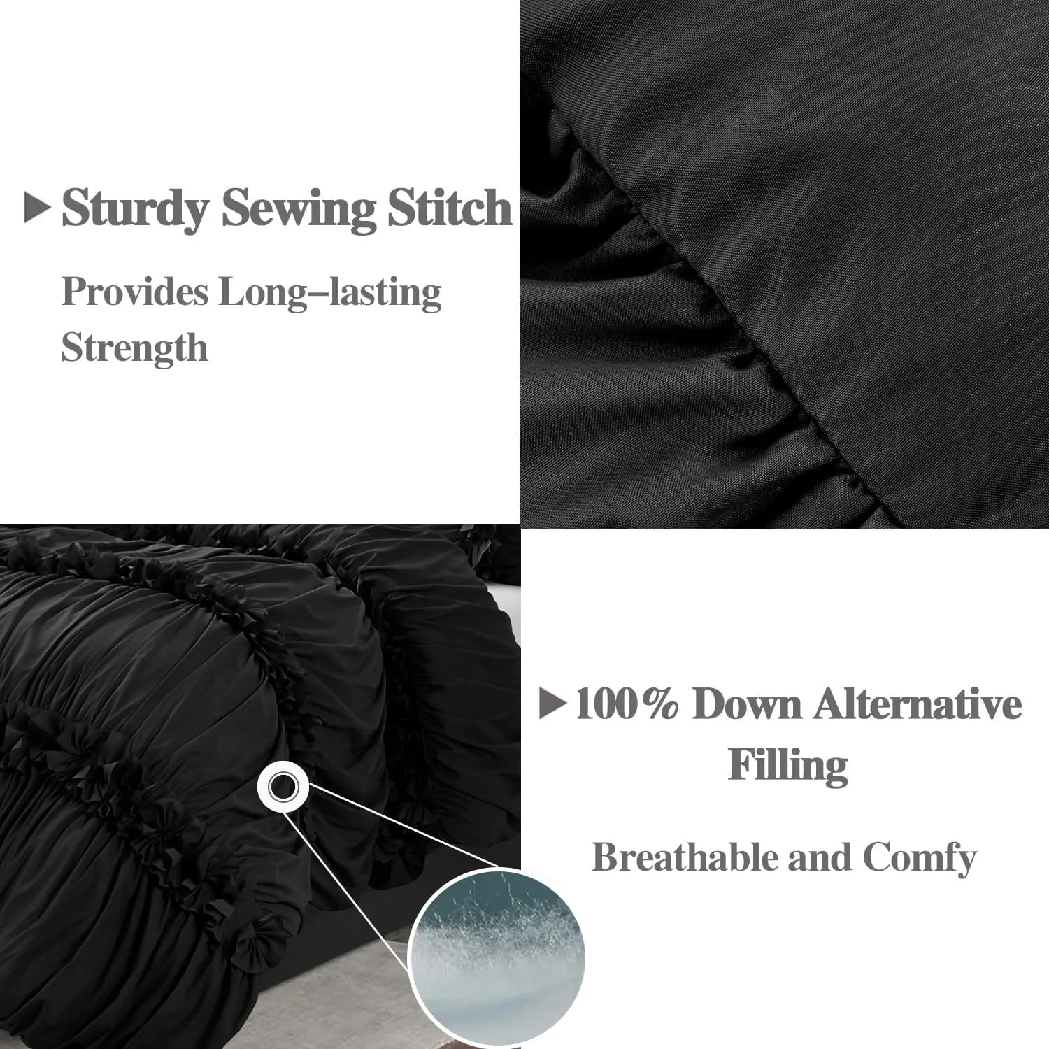 7 Pieces Elegant French Country Bed in a Bag, Black Handmade Bow Tie Fluffy Bed Comforter with Down Alternative Filling, Vintage Ruched Bed Sets for Bedroom, Queen (LQ-33)