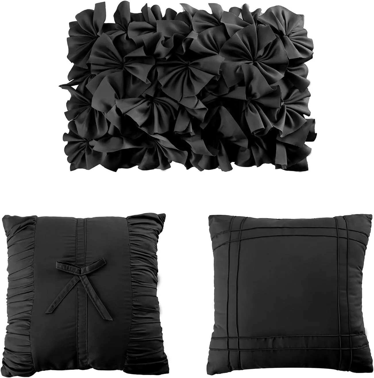 7 Pieces Elegant French Country Bed in a Bag, Black Handmade Bow Tie Fluffy Bed Comforter with Down Alternative Filling, Vintage Ruched Bed Sets for Bedroom, Queen (LQ-33)