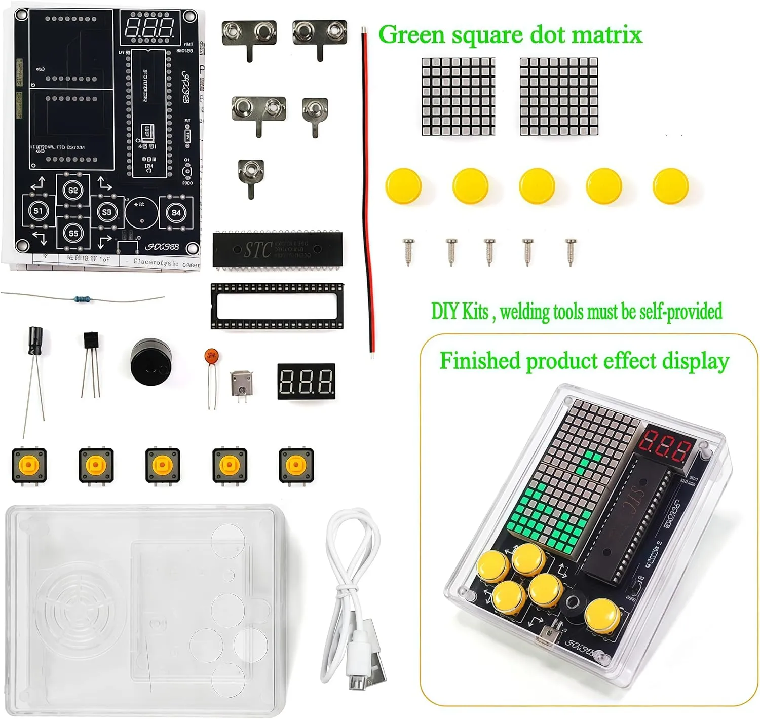 7 Retro Classic Pixel Game Maker DIY Soldering Project Game Console Kit Electronic Practice Solder Soldering Kit and Case, Idea for STEM Education Friends Gifts (Green)
