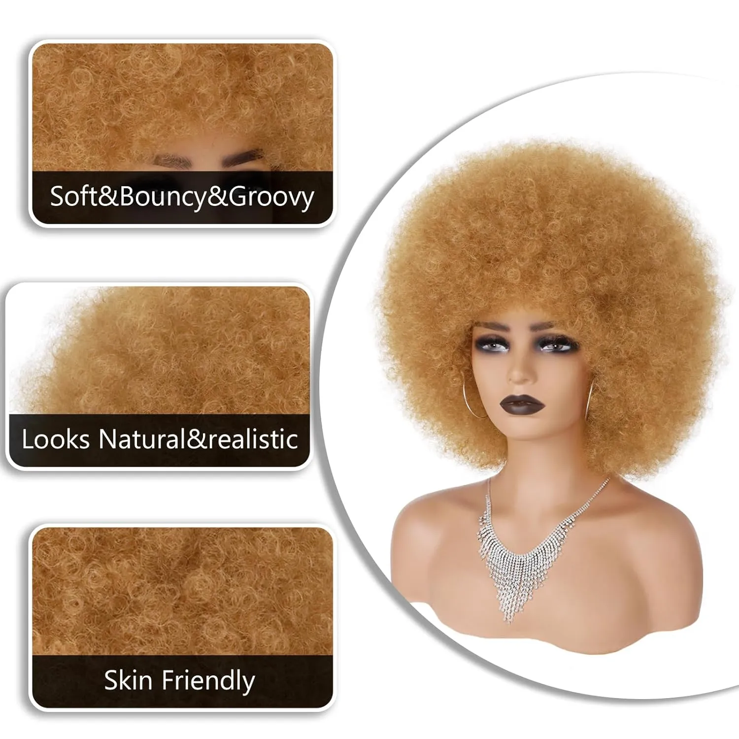 70s Afro Wig for Black Women Blonde Afro Kinky Curly Wig With Bangs Bouncy and Fluffy Heat Synthetic Short Afro Puff Wigs for Daily Party Costume Cosplay Halloween（Blonde,10inch）